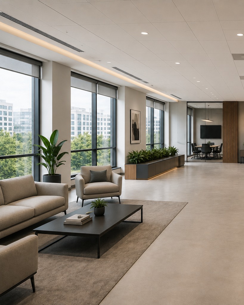 Same office footprint after Shanex, warm lighting, adaptive shelving and panels installed.