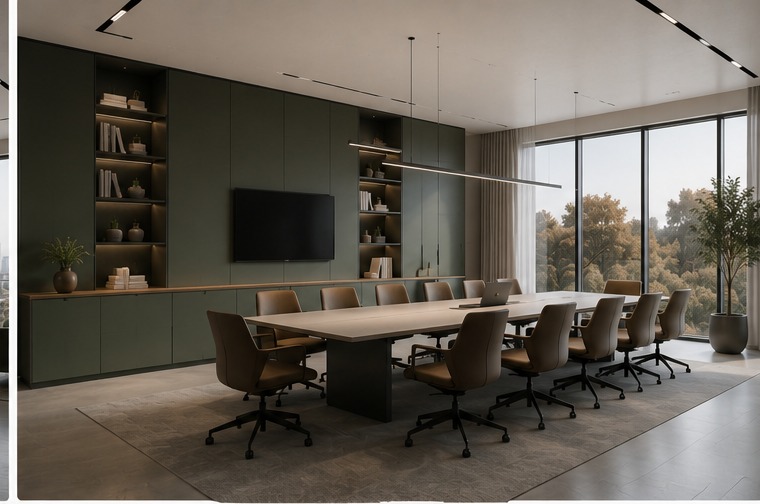 Modern corporate conference room with movable acoustic partitions, modular presentation walls, premium wood finishes.