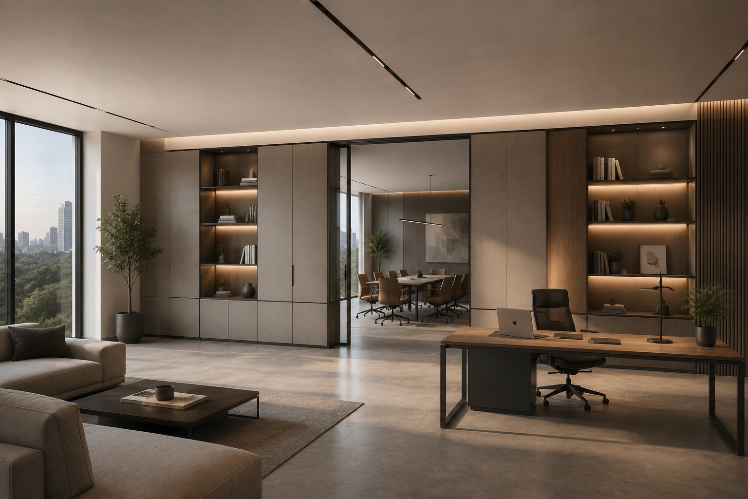 A luxurious modern office with hidden adaptive wall systems, premium oak finishes, brushed aluminium details, matte grey panels, soft warm lighting, floor-to-ceiling glass, minimal furniture, clean architectural aesthetic.