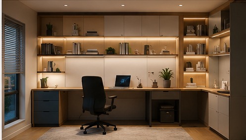 Compact adaptive home office transforming from a workspace into a reading area using modular panels.