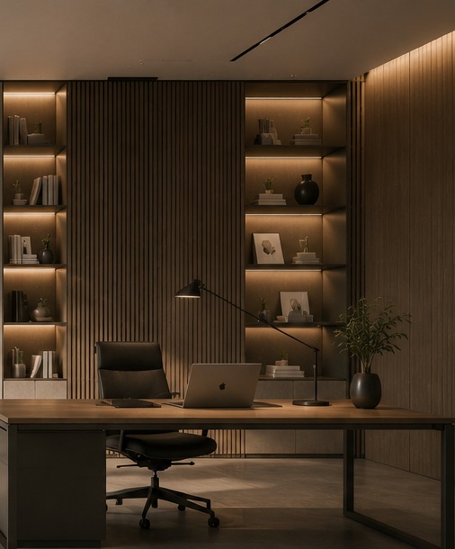 A team in natural collaboration inside an adaptive office, people secondary to the space.