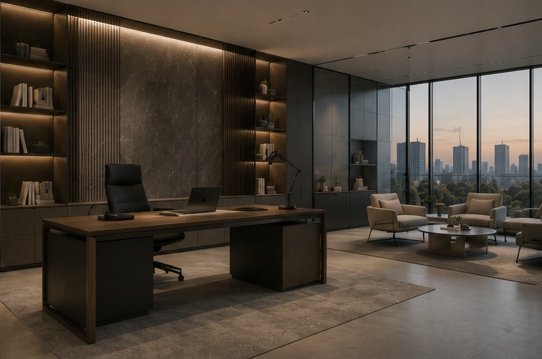 High-end reception area with textured stone walls, hidden lighting, modular display panels, minimalist seating.
