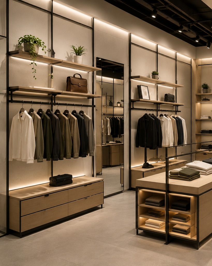 Modular retail interior with adaptive display shelving and premium finishes.
