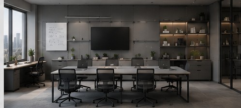 Adaptive office reconfigured for team collaboration, long shared table, oak and charcoal finishes.