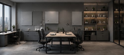 Same office reconfigured into individual focus-work desks with added acoustic panels.