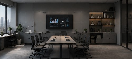 Same office reconfigured for a presentation and meeting layout with a display wall.